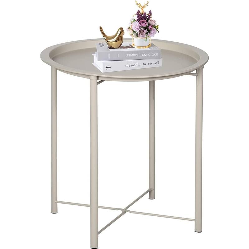 VECELO Side/End Table, Folding Round Metal Anti-Rust and Waterproof Outdoor for Living Room Bedroom,Nightstands