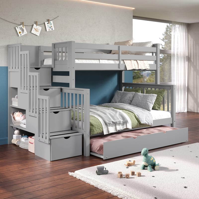 Taylor & Olive Trillium Twin over Full Stairway Bunk Bed, Twin Trundle - Grey