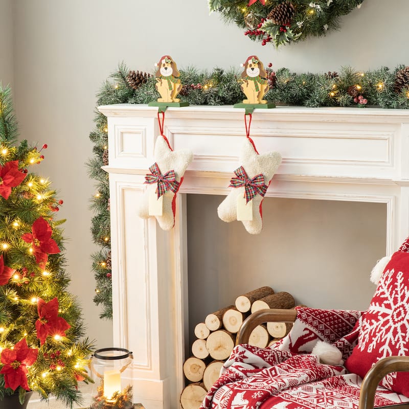 Glitzhome 12.5"L Bone Shape Hooked Christmas Stocking