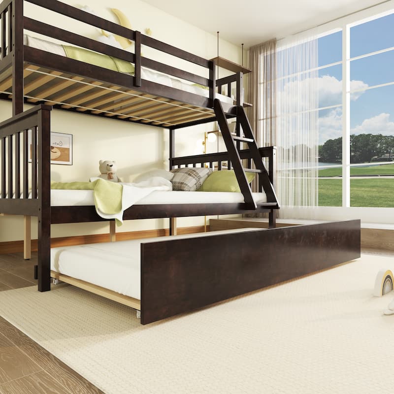 Twin Over Full Bunk Bed with Trundle with Convertible 3-in-1 Design Reversible Ladder & Guardrails (250lb Capacity)