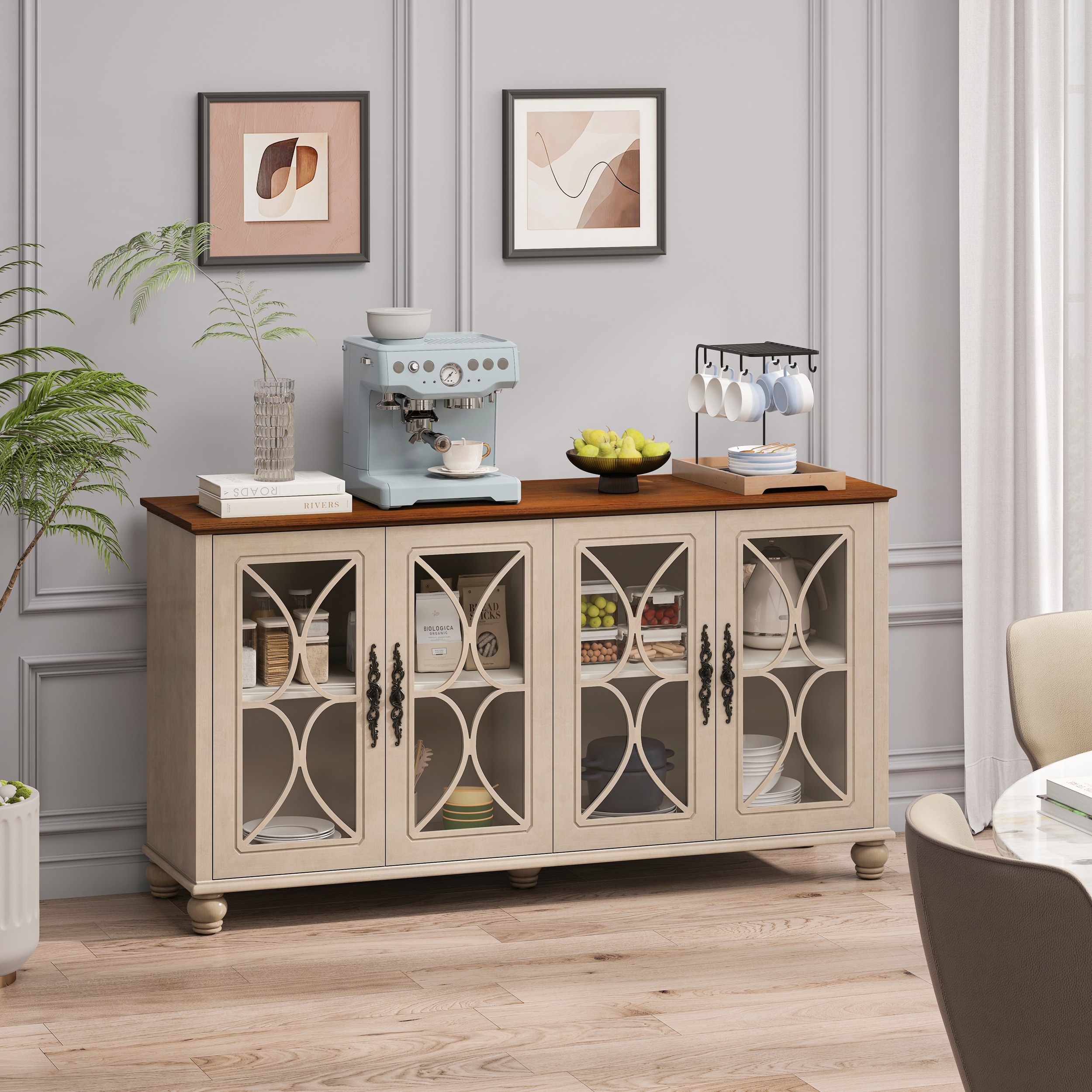 Elegant European Antique Style 4-Door Cabinet with Tempered Glass Doors and Ample Storage for Versatile Use