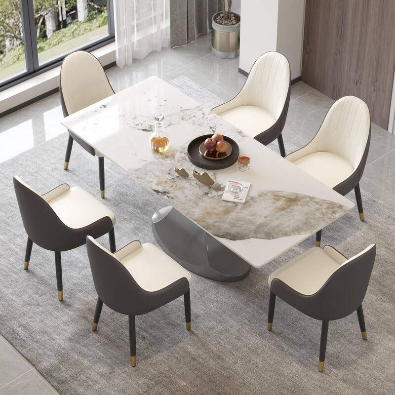 Rectangular Dining Table, Faux Marble Kitchen Dining Table with Grey Pedestal. - Off White - 78.74"
