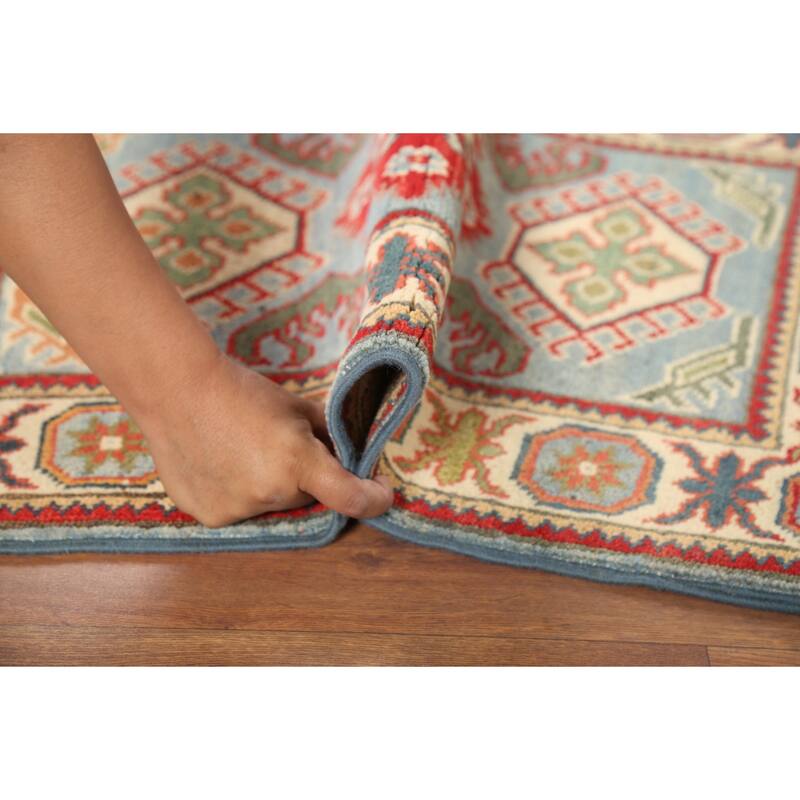 Light Blue Geometric Kazak Oriental Accent Rug Handmade Wool Carpet - 2'1"x 2'10"