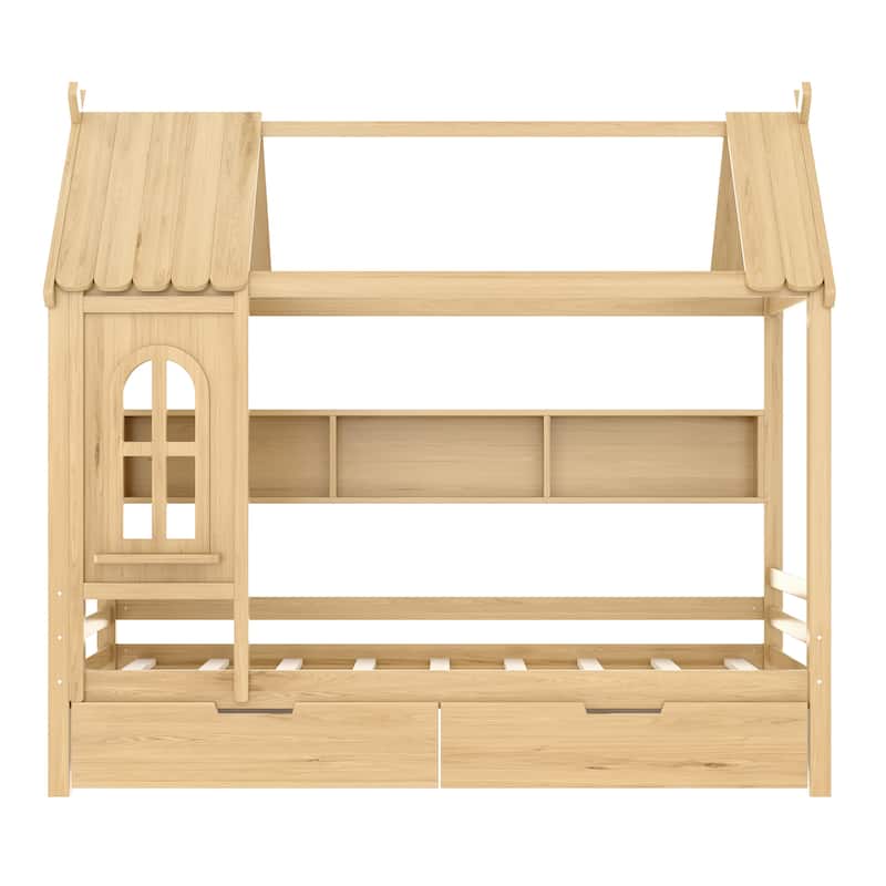 Charming House Bed for Girls, Boys Low Platform Bed Frame with Under-bed Drawers, Storage Shelves, Window and Roof