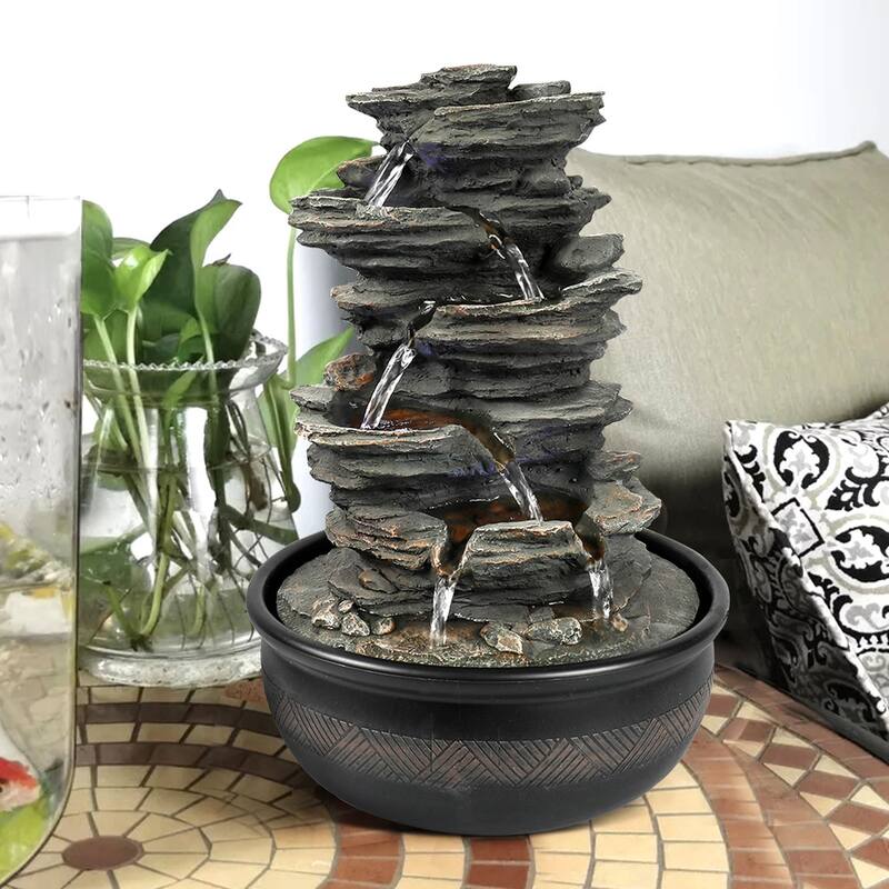 5 Tier Indoor Tabletop Water Fountain Resin Rockery with Base