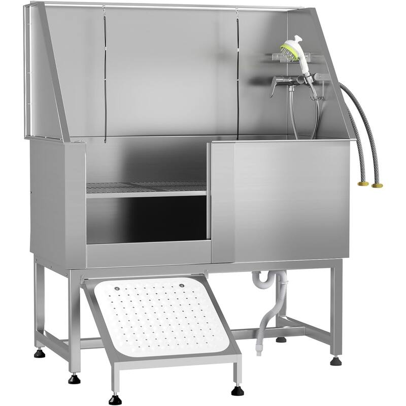 Professional Stainless Steel Dog Washing Station Pet Grooming Bath Tub w/ Ramp - Left Door