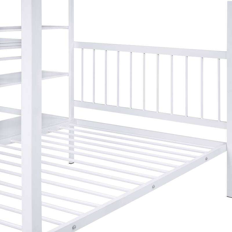 Full Over Twin Metal Bunk Bed with Desk and Shelves - Space-Saving Design