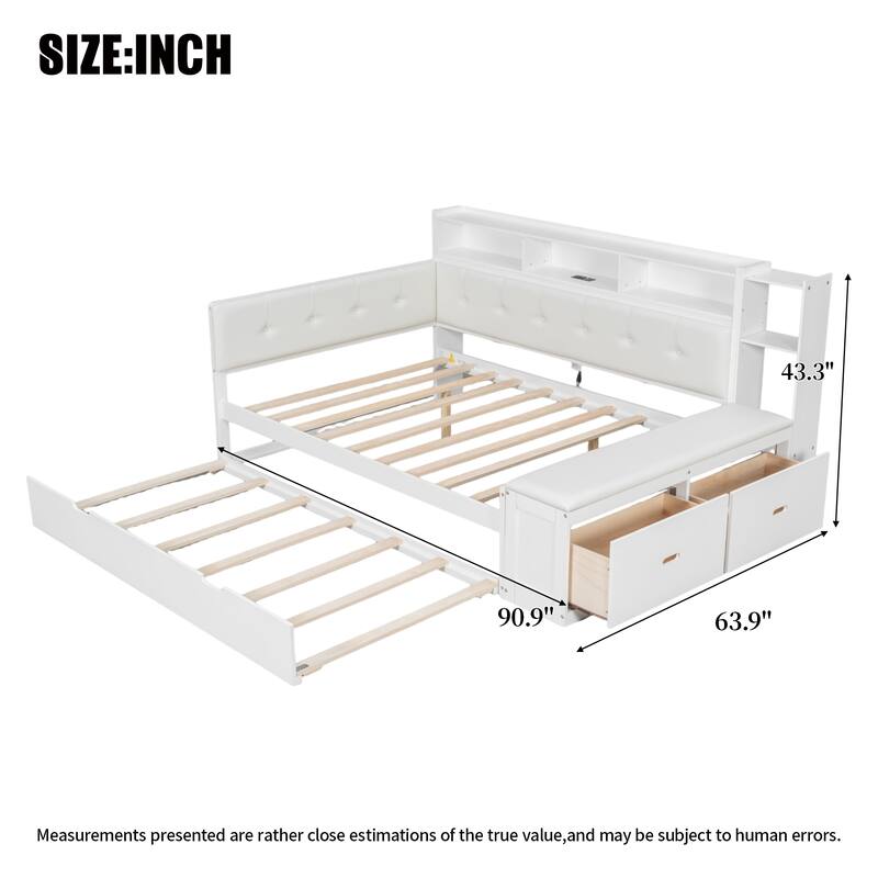 GDFStudio - Modern Wooden Full Size Daybed with Trundle, Bench Storage and Charging Station