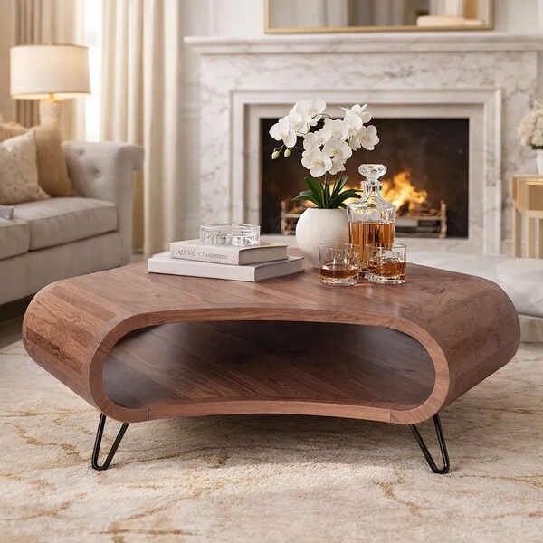 37 Inch Coffee Table, Handcrafted Curved Hexagon Shape with Open