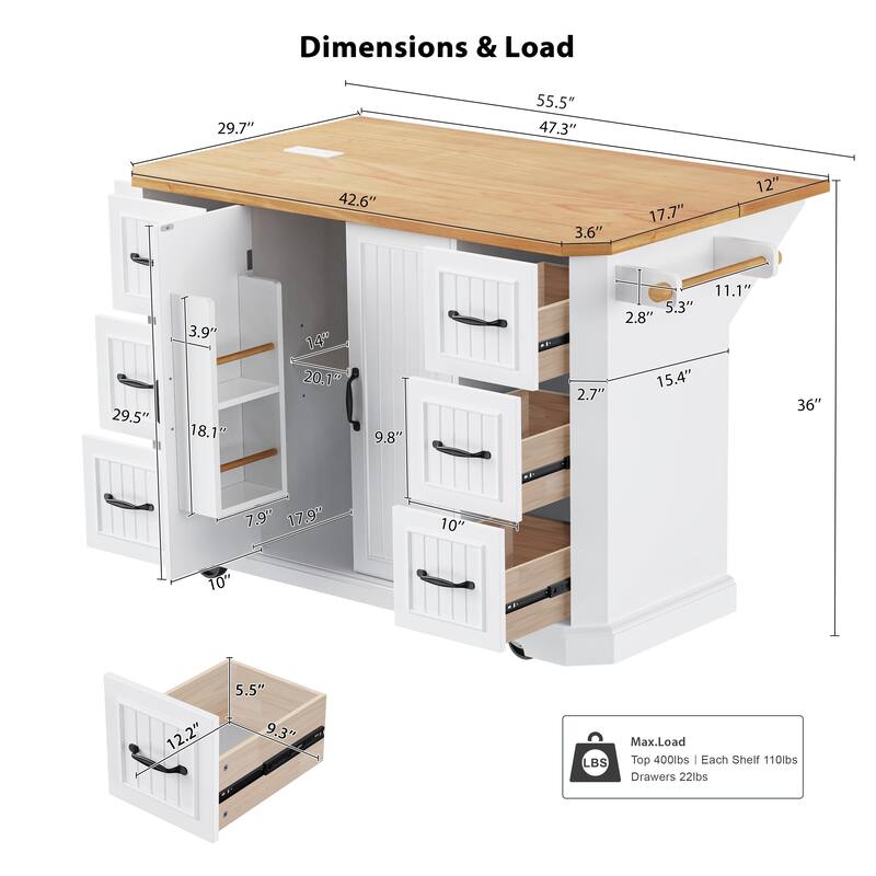 Farmhouse Kitchen Island with 6 Drawers, 4 Interior Storage Shelves, Electrical Outlets, Spice and Towel Racks, for Kitchen