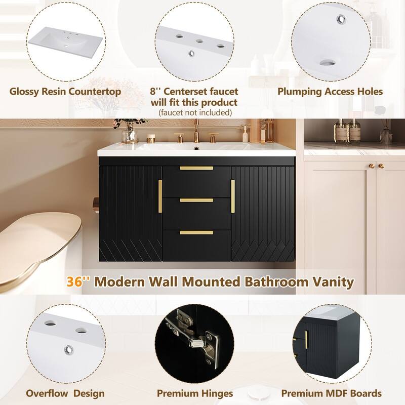 36" Wall Mounted Bathroom Vanity with Resin Sink, 2 Drawers