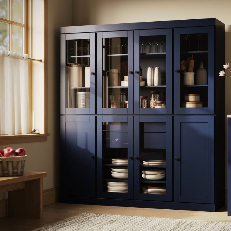 Palace Imports 100% Solid Wood 65" Pantry Cabinet with Clear Glass, Shaker Doors, 2-Drawers and Adjustable Shelves - Navy