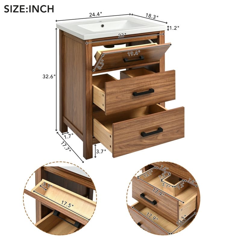 Bathroom Vanity 24 Inch, Small Bath Vanity with Sink, Modern Sink Cabinet, Free Standing Bath Vanity Combo with with 3 Drawers