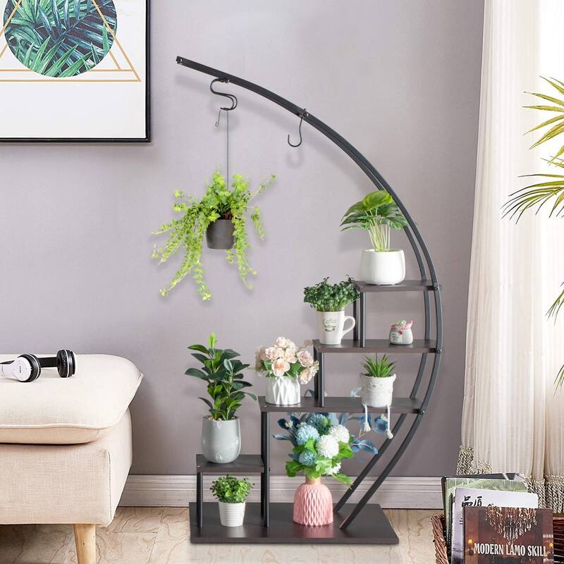 5 Layers Semicircle Iron Wood Suitable Home Decoration Plant Stand