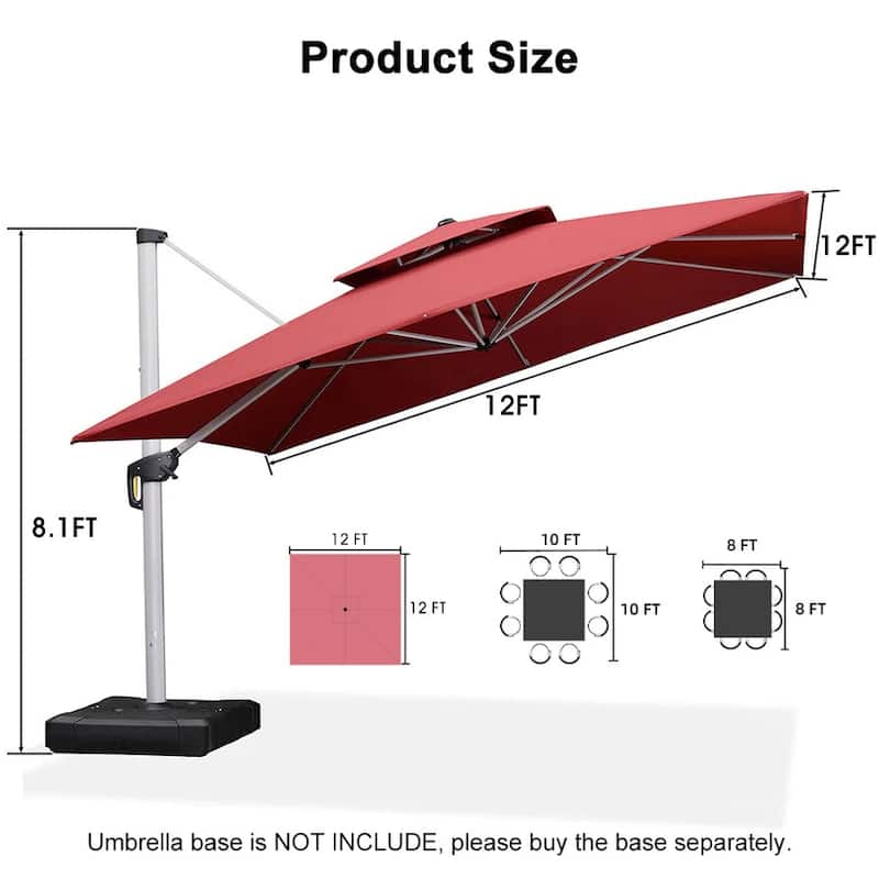 PURPLE LEAF Double Top Deluxe Square Patio Cantilever Umbrella 360 Degree Rotation 9ft/10ft/11ft/12ft Outdoor Classic Umbrella