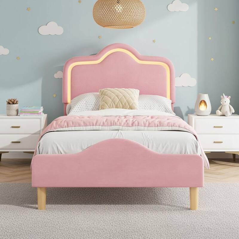 Bed Frame, Adjustable LED Headboard and Footboard - Pink - Twin