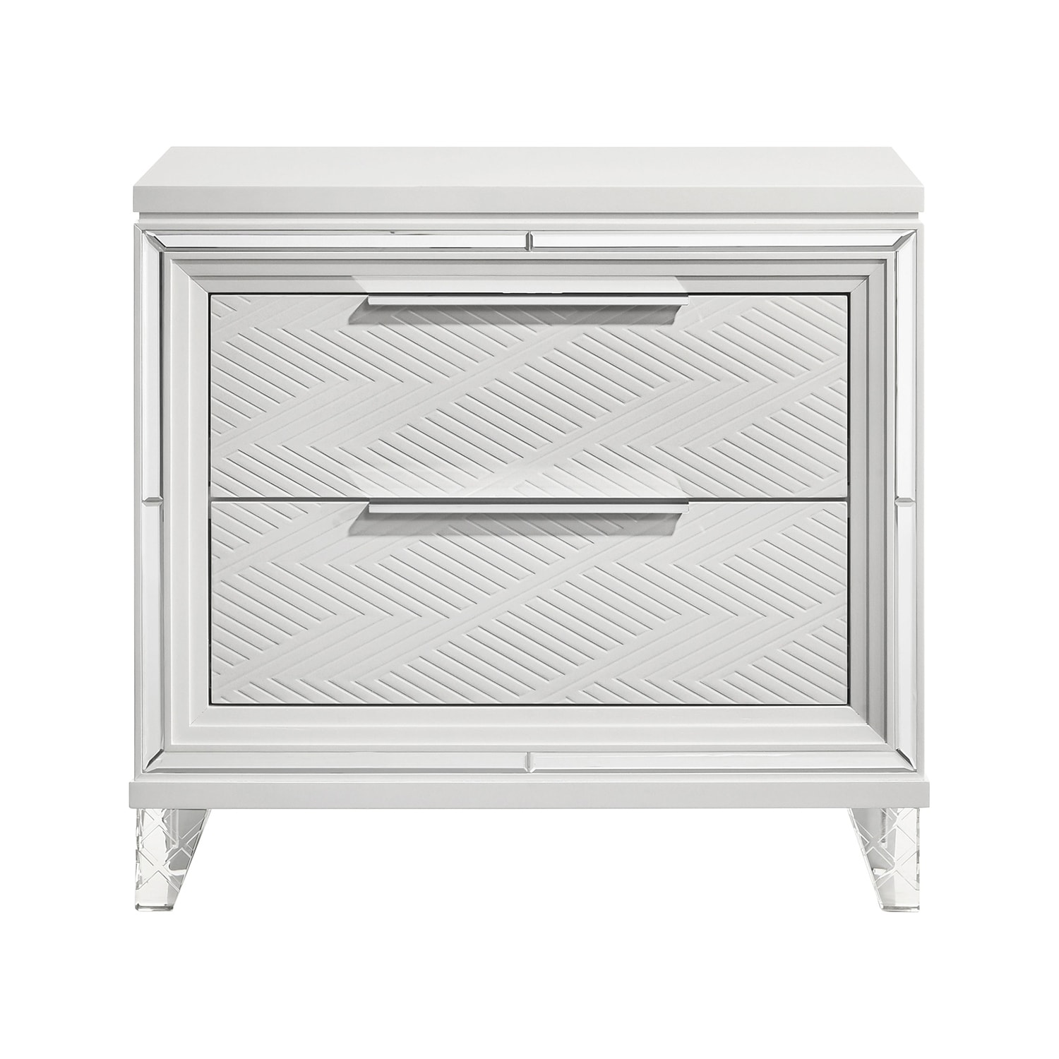 2 Drawers Wooden Nightstand with Chrome Metal Hardware in White