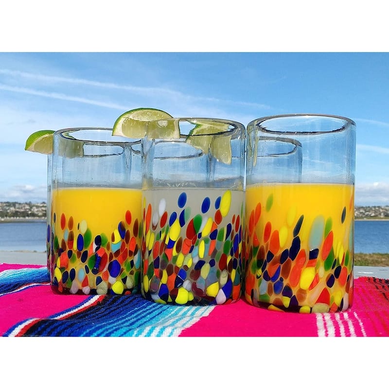 Dos Suenos Hand Blown Mexican Drinking Glasses - Set of 6 Confetti Carmen Design Glasses (14 oz each)