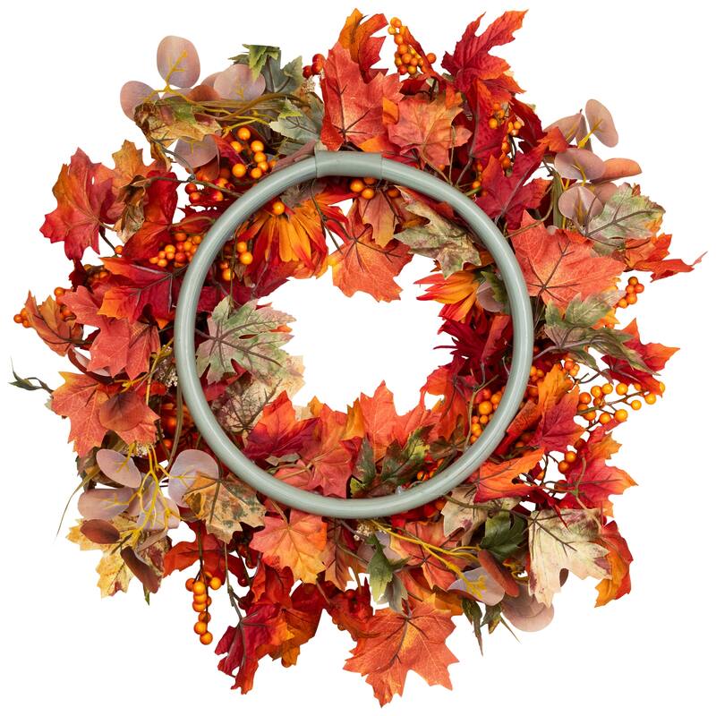 Mums and Berries with Fiery Foliage Fall Harvest Wreath - 24"