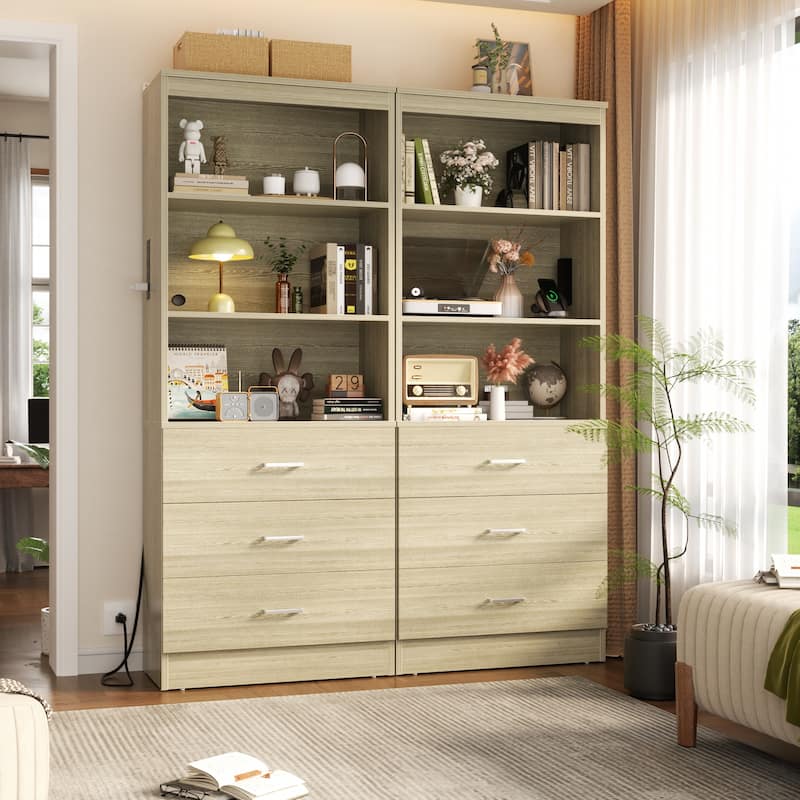 6-Tier 23.6'' Display Cabinet with Charging Station and Drawers, Bookcase Storage Shelf Kitchen Pantry