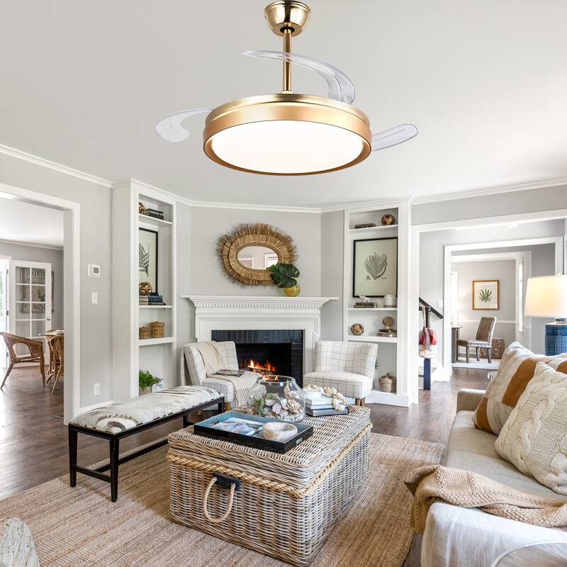 Cusp Barn 42 Inch Retractable Ceiling Fan with Lights, Modern Silent DC Motor 6 Speeds Chandelier Ceiling Fan for Bedroom