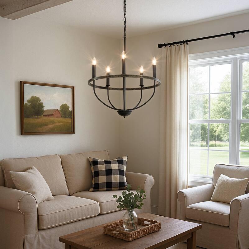 26'' 5-Light Modern Matt Black Classic Candelabra Chandelier Industrial Candle Pendant Light For Living Room Dining Room - W24''