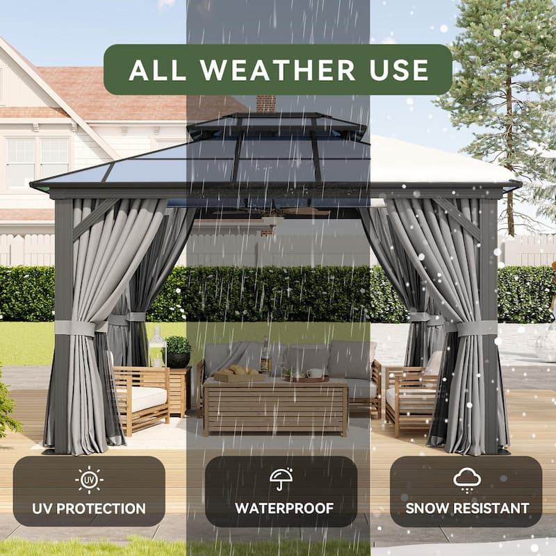 Hardtop Gazebo, Aluminum Frame Permanent Pavilion with Curtains and Netting