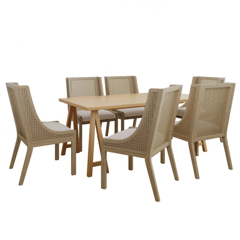 Christopher Knight Home - Sorenza 7pc Dining Set with Cane Rattan Dining Chairs and Rubberwood Table