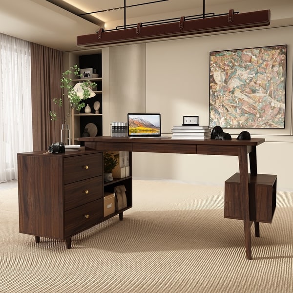 slide 2 of 13, L Shaped Executive Desk 55.1" L Shape Computer Desk Office Desk Brown