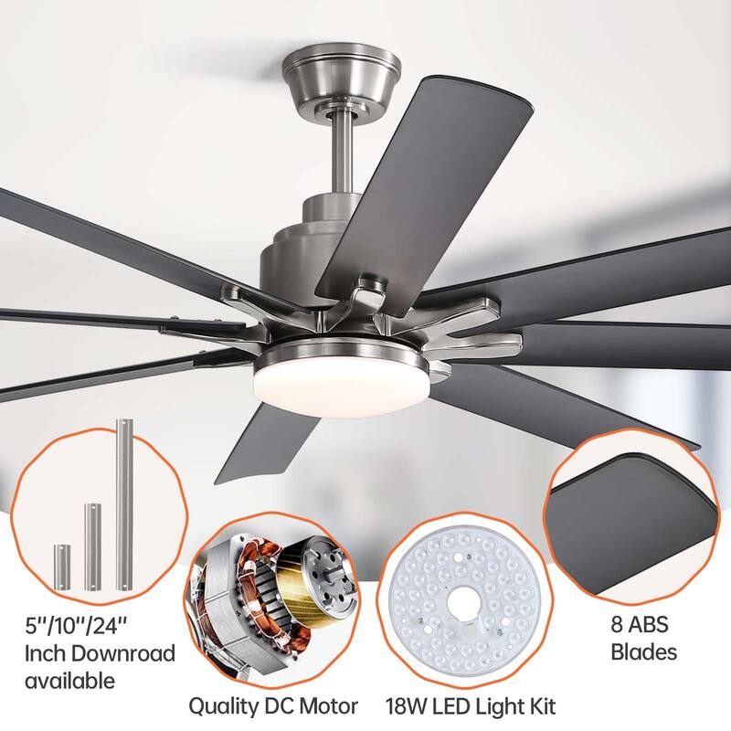 52 Inch/66 Inch/72 Inch Modern Ceiling Fan with Dimmable LED Light ,Remote&APP Control,8 Blades for Large Living Room,Porch