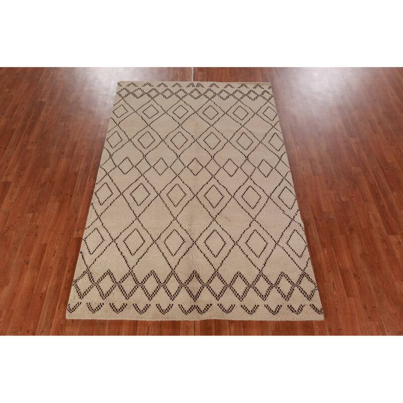 Hand Knotted Oriental 100% Wool Carpet Modern Geometric Beige & Ivories Moroccan Area Rug - 8' 0'' X 5' 0''