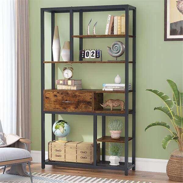 Retro Bookshelf Rustic 8 Tier Display Shelf With Drawers Rustic Brown Overstock 31864566