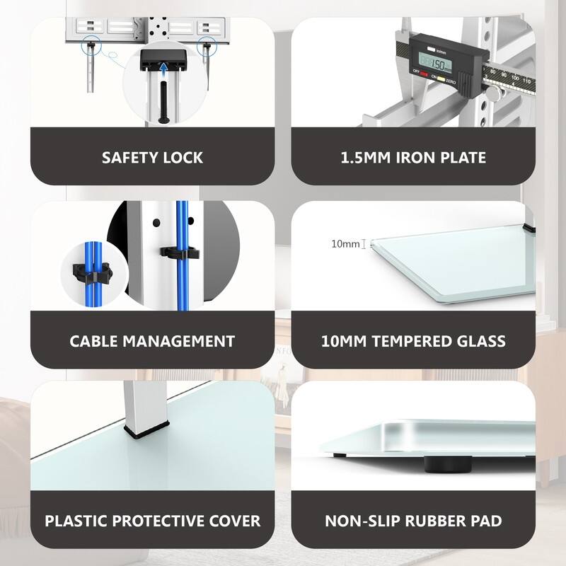 FITUEYES Table Top TV Stand for 50-85 Inch TVs Tempered Glass Base Hold up to 110 lbs, White