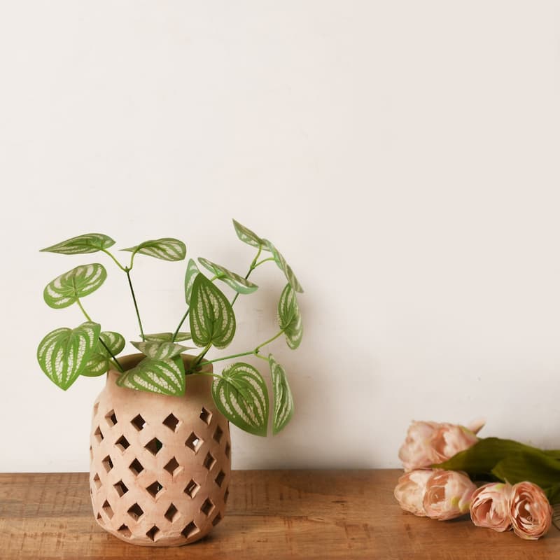 Diamond Cut Out Solid Terracotta Vase - 7" - Brown