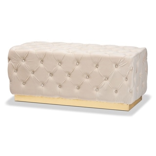 Corrine Beige Velvet Fabric Upholstered and Gold PU Leather Ottoman