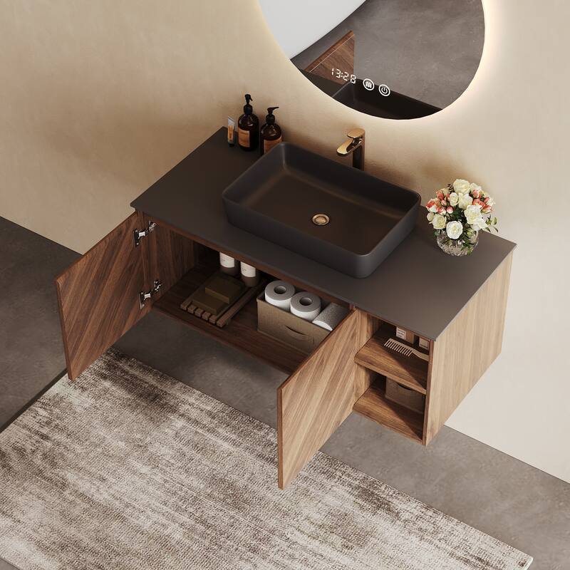 35.83'' Single Bathroom Vanity with Stone Top, Brown Wood, Black Vessel, Floading Vanities