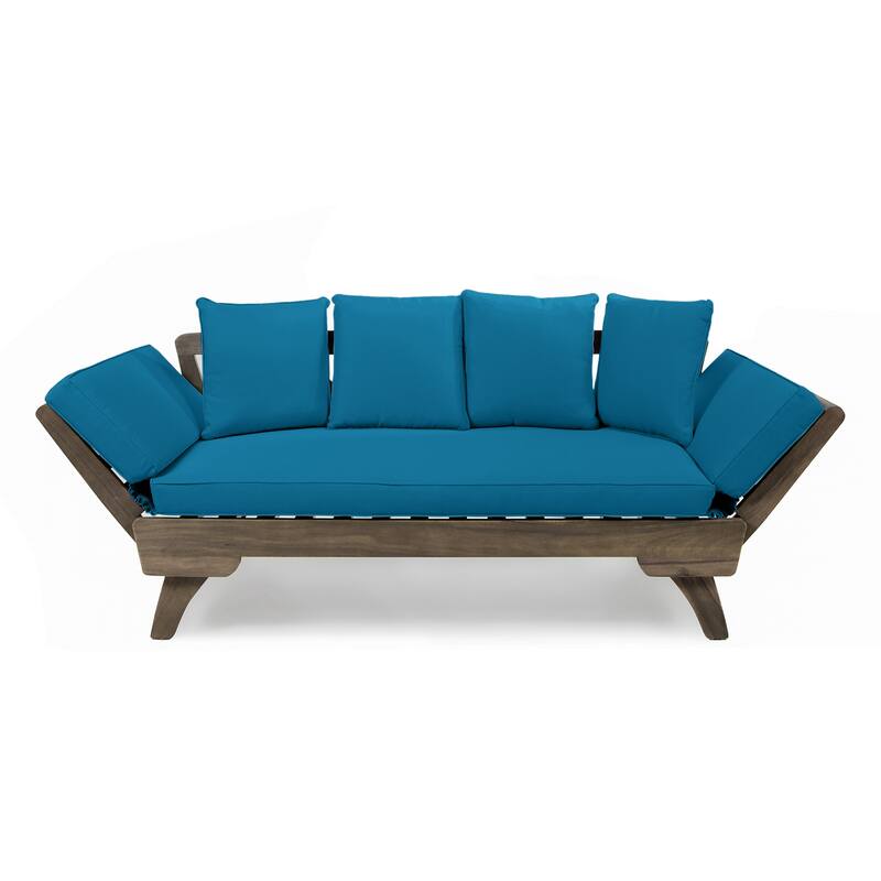 Outdoor Patio Sofa Bed, Small Wood Patio Loveseat with Adjustable Armrests & Removable Cushions, Convertible Couch, for Balcony