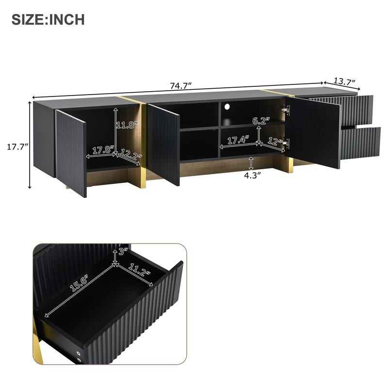 Modern Fluted TV Stand Luxury TV Stand with Storage Drawers and Gold Wood-Grain Legs, for Living Rooms, Black