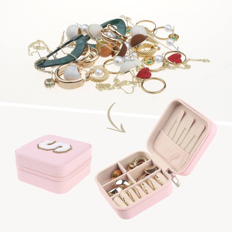 Travel Jewelry Box for Women, Teen Girl Gifts, Small Portable PU Leather Jewelry Organizer Case Storage Display Holder - Pink - S