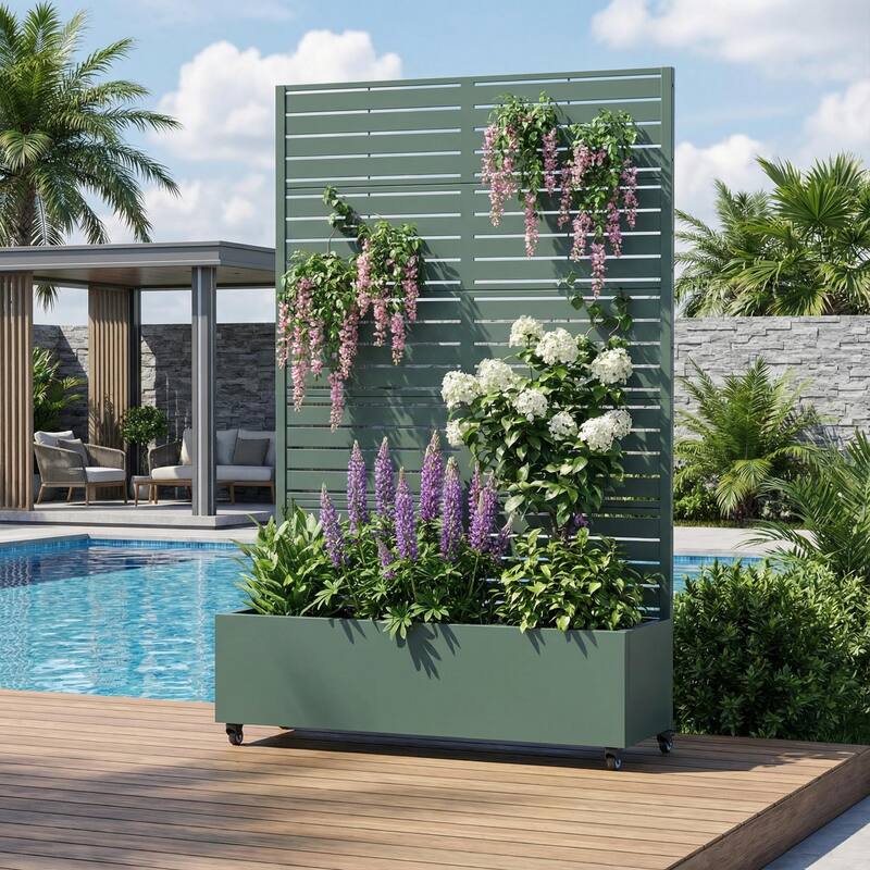 Raised Garden Bed Planter with Trellis Movable Planter Box with Lockable Wheels