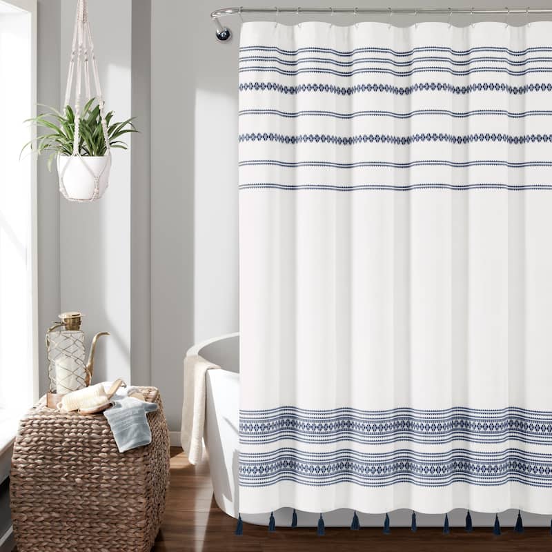 Lush Decor Breezy Chic Tassel Jacquard Eco-Friendly Recycled Cotton Shower Curtain Single - Navy - 72" x 72"