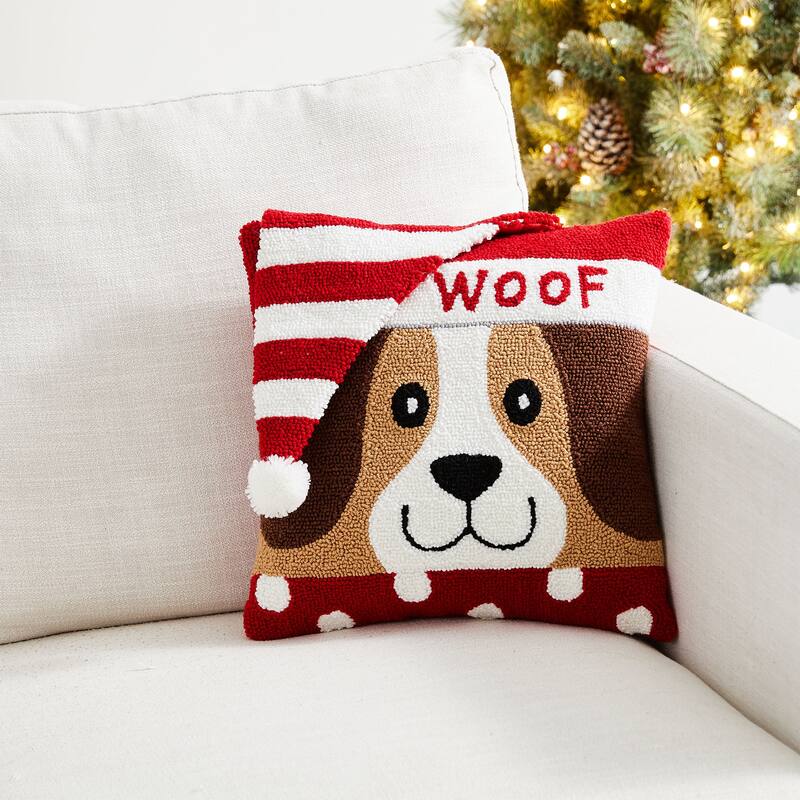 Glitzhome Hooked 3D Woof Dog Christmas Throw Pillow for Home Office Sofa Couch Bed