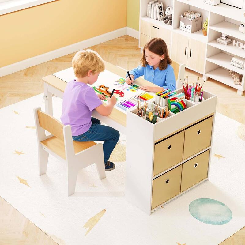 Kids Table & Chair Set Wooden Toddler Activity Desk Set w/Paper Roll