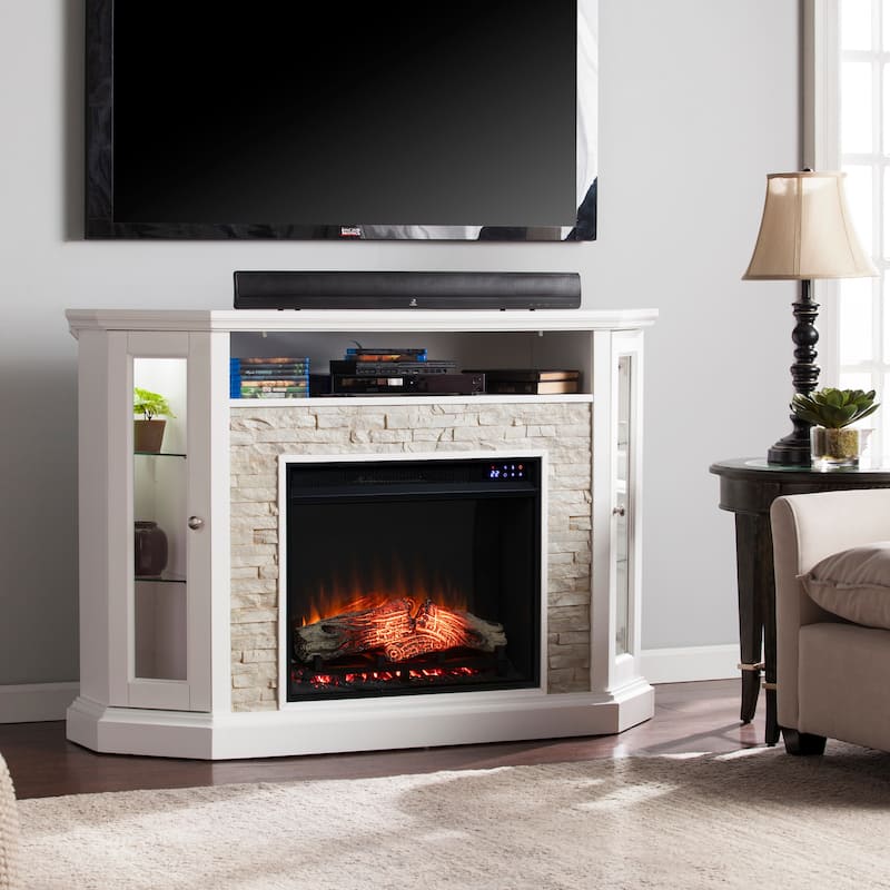 SEI Furniture Ratner Faux Stone Fresh White Corner Convertible Fireplace - Mirrored Reflector Firebox