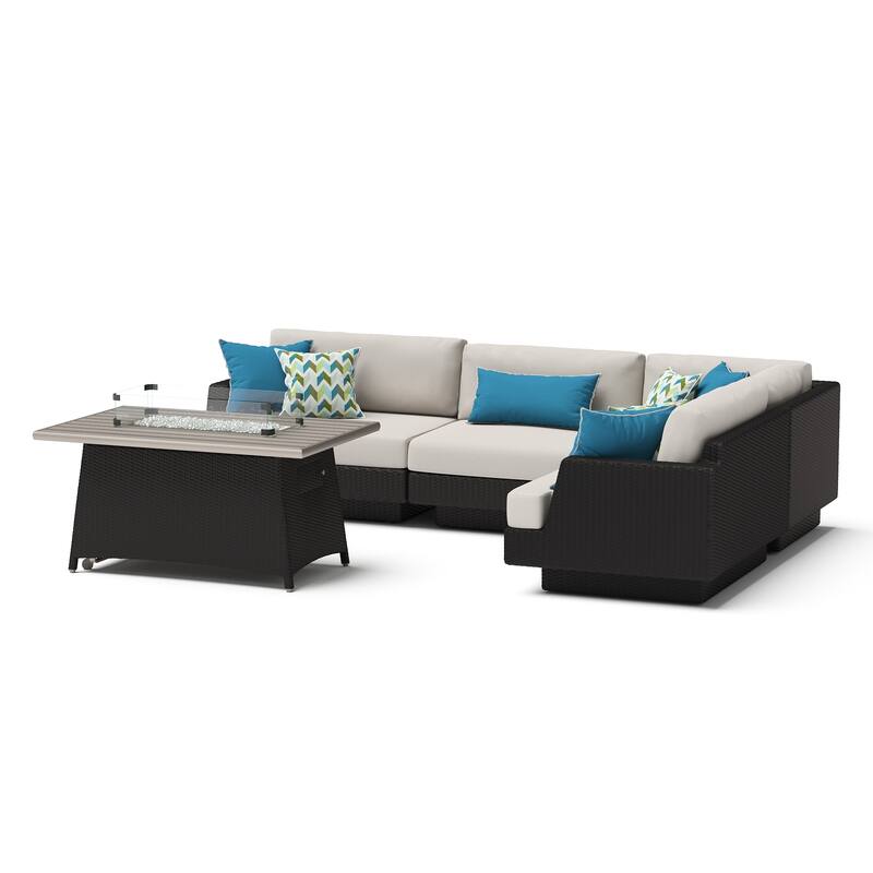 Portofino Comfort 14 Piece Sunbrella Outdoor Patio Sectional Seating & Dining Set With Fire Table