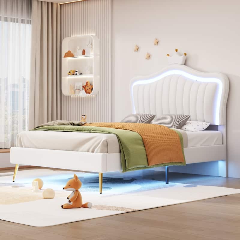 White Twin Upholstered Bed Frame with LED Lights and Crown Headboard, 12 Slats, 600 lbs Capacity