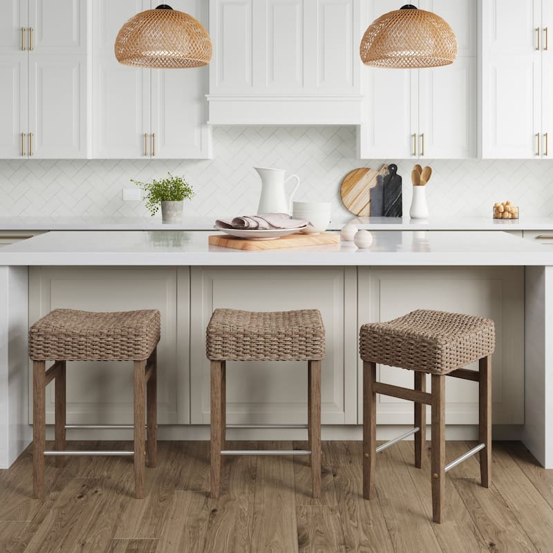 Harvey Rattan Bar Stool, Bohemian Counter Height Stool with Woven Seagrass Seat, Solid Wood Legs, and Metal Footrest