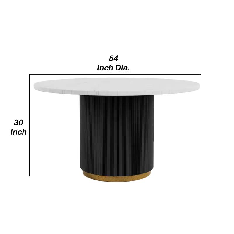 Voa Dining Table, 54 Inch Round, White Marble Top, Black Reeded Base - Black, White