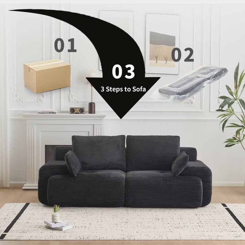 Modular Sectional 2-Seater Cloud Couch, Corduroy Upholstered Boneless Sofa, Compressed Sofa with Cushion & Throw Pillows