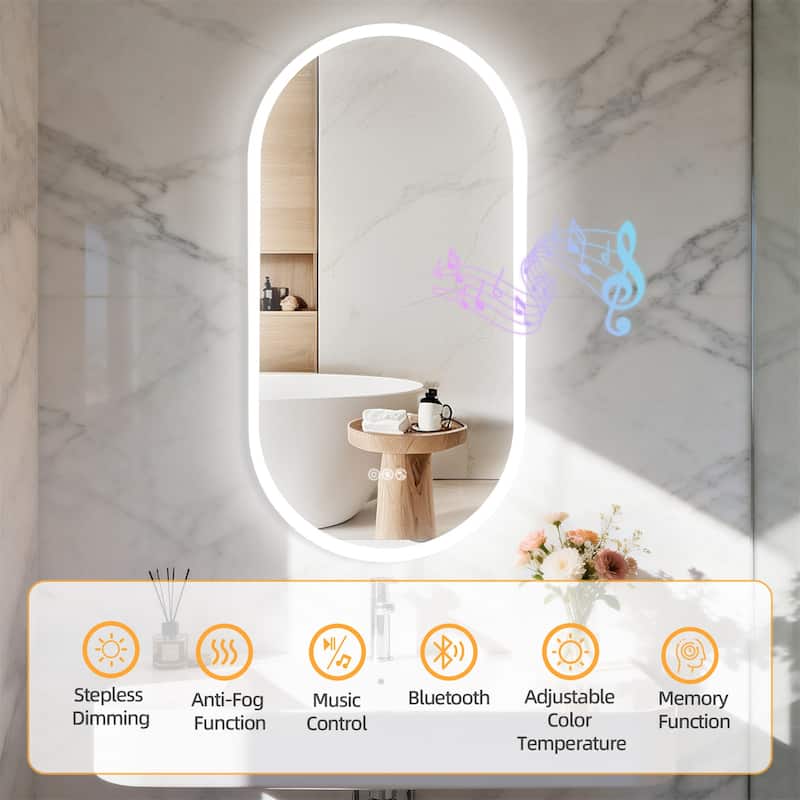 Oblong Bluetooth Led Lighted Bathroom Makeup Mirror Tempered Glass Backlit Vanity Mirror